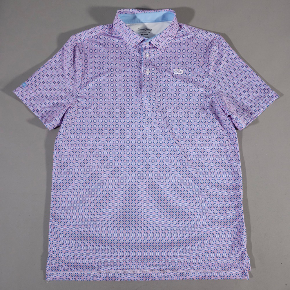 Good Good Golf Polo Shirt Mens Medium Pink Blue Geometric Stretch Performance
